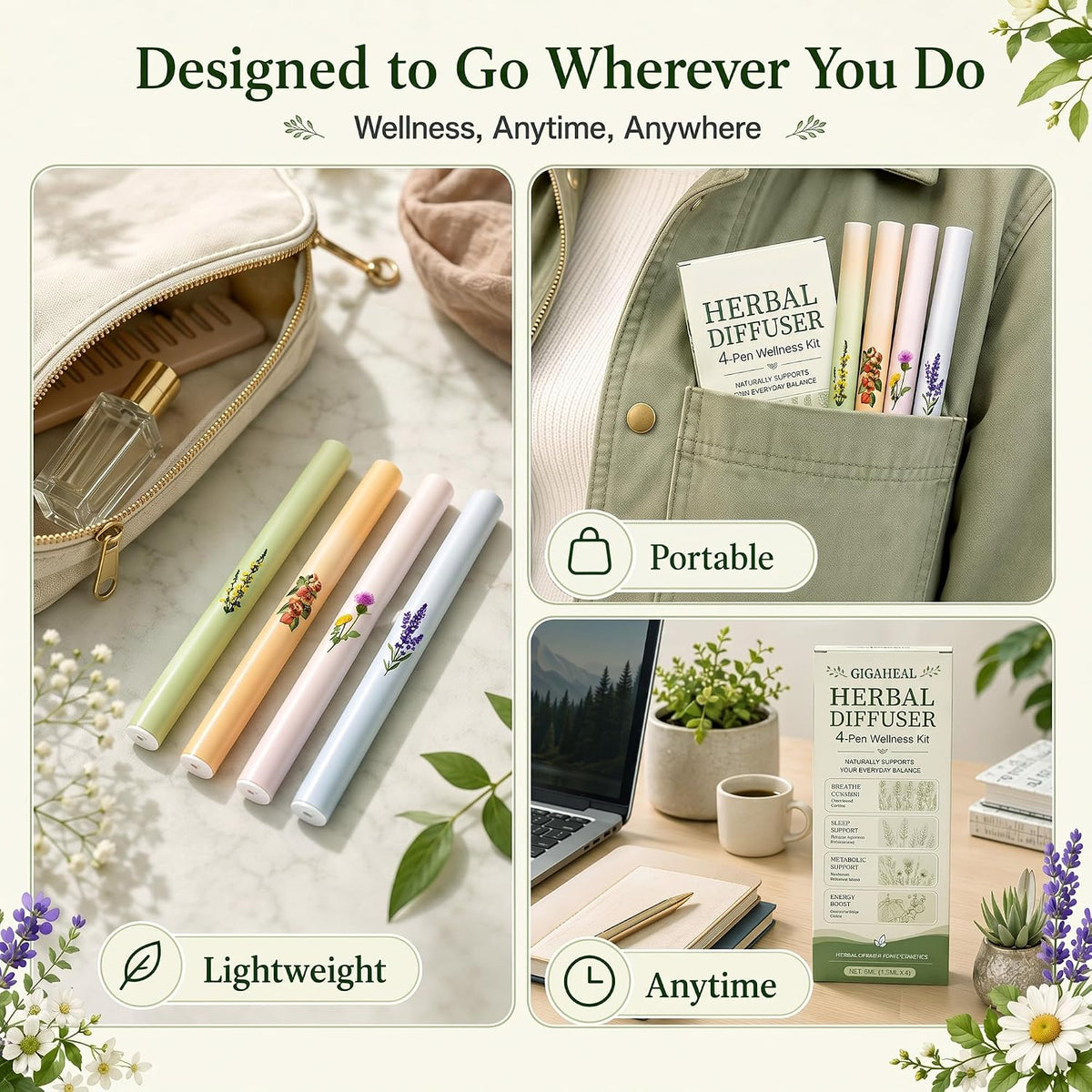 Four herbal diffuser pens laid out on a travel pouch