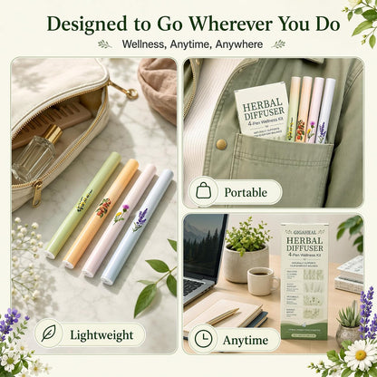 Four herbal diffuser pens laid out on a travel pouch