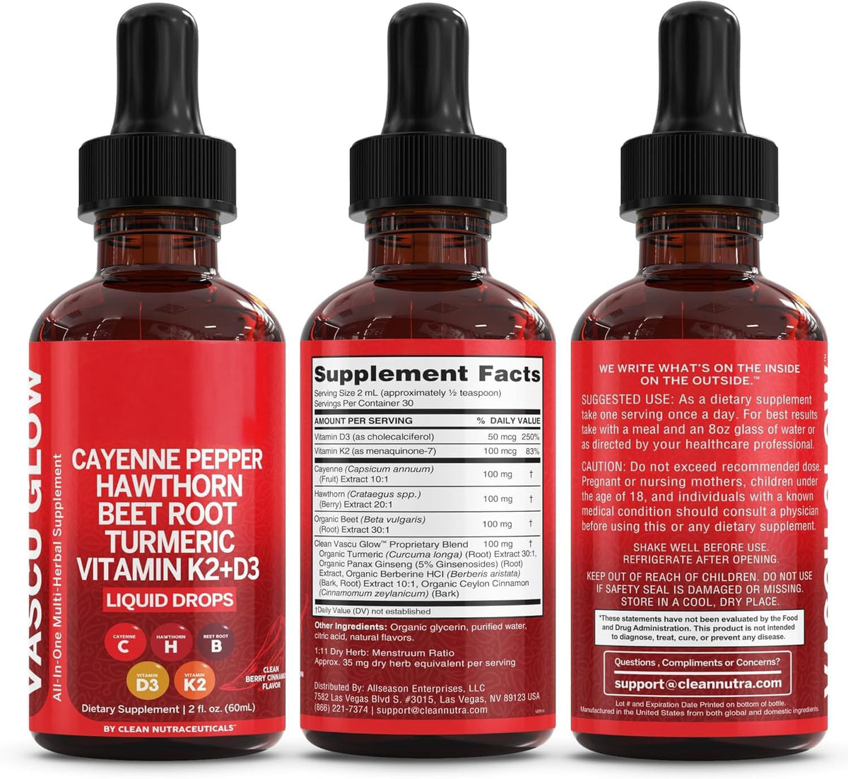 Clean Nutra Cayenne Pepper Drops Supplement Liquid + Hawthorn Berry, Vitamin D3 K2 Beet Root Powder, Ceylon Cinnamon, Turmeric Curcumin, Organic Panax Ginseng, Berberine Extract 1 Pack