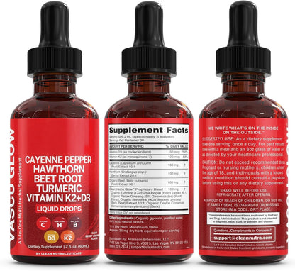 Clean Nutra Cayenne Pepper Drops Supplement Liquid + Hawthorn Berry, Vitamin D3 K2 Beet Root Powder, Ceylon Cinnamon, Turmeric Curcumin, Organic Panax Ginseng, Berberine Extract 1 Pack