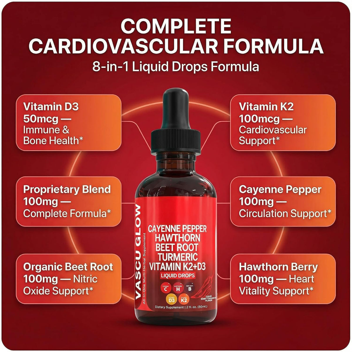 Clean Nutra Cayenne Pepper Drops Supplement Liquid + Hawthorn Berry, Vitamin D3 K2 Beet Root Powder, Ceylon Cinnamon, Turmeric Curcumin, Organic Panax Ginseng, Berberine Extract 1 Pack