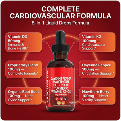 Clean Nutra Cayenne Pepper Drops Supplement Liquid + Hawthorn Berry, Vitamin D3 K2 Beet Root Powder, Ceylon Cinnamon, Turmeric Curcumin, Organic Panax Ginseng, Berberine Extract 1 Pack