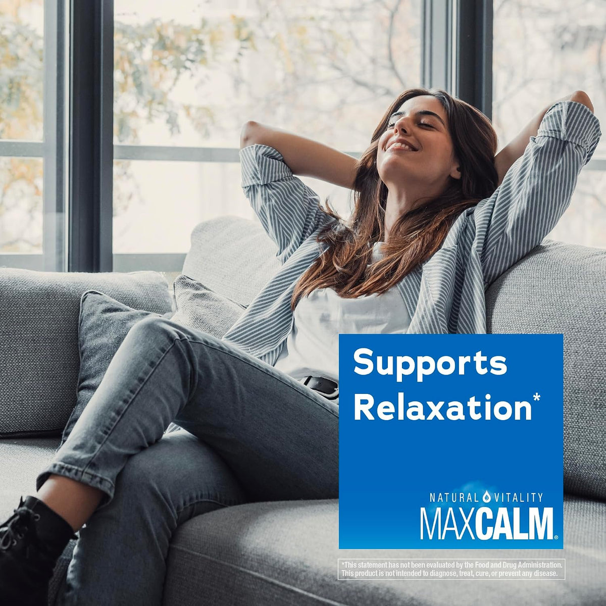 Woman relaxing on a sofa with the magnesium drink