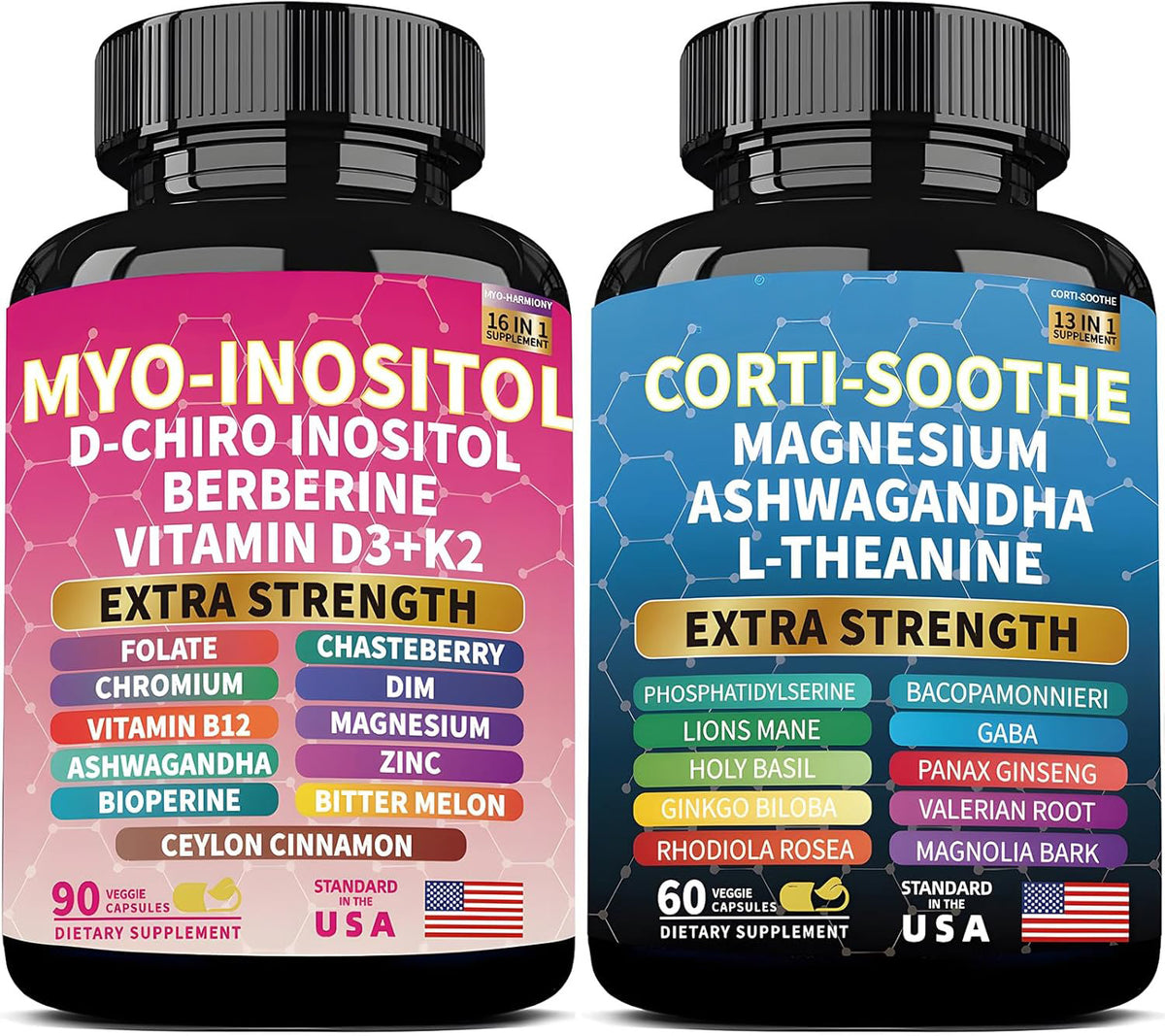 Soothe-Smooth Bundle,Soothe & Smooth Bundle Multivitamin Combo, Cortisol Support Myo-Inositol Multivitamin Combo with Magnesium Glycinate, Ashwagandha, L-Theanine & Herbal Blend - D