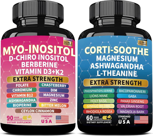 Soothe-Smooth Bundle,Soothe & Smooth Bundle Multivitamin Combo, Cortisol Support Myo-Inositol Multivitamin Combo with Magnesium Glycinate, Ashwagandha, L-Theanine & Herbal Blend - D