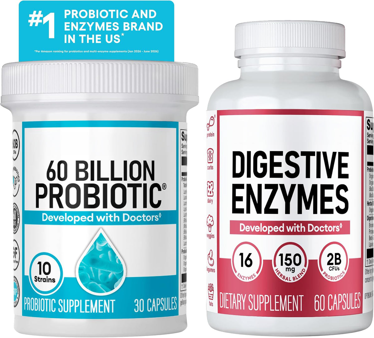 60 billion CFU probiotic bottle beside the digestive enzymes bottle