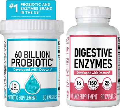 60 billion CFU probiotic bottle beside the digestive enzymes bottle
