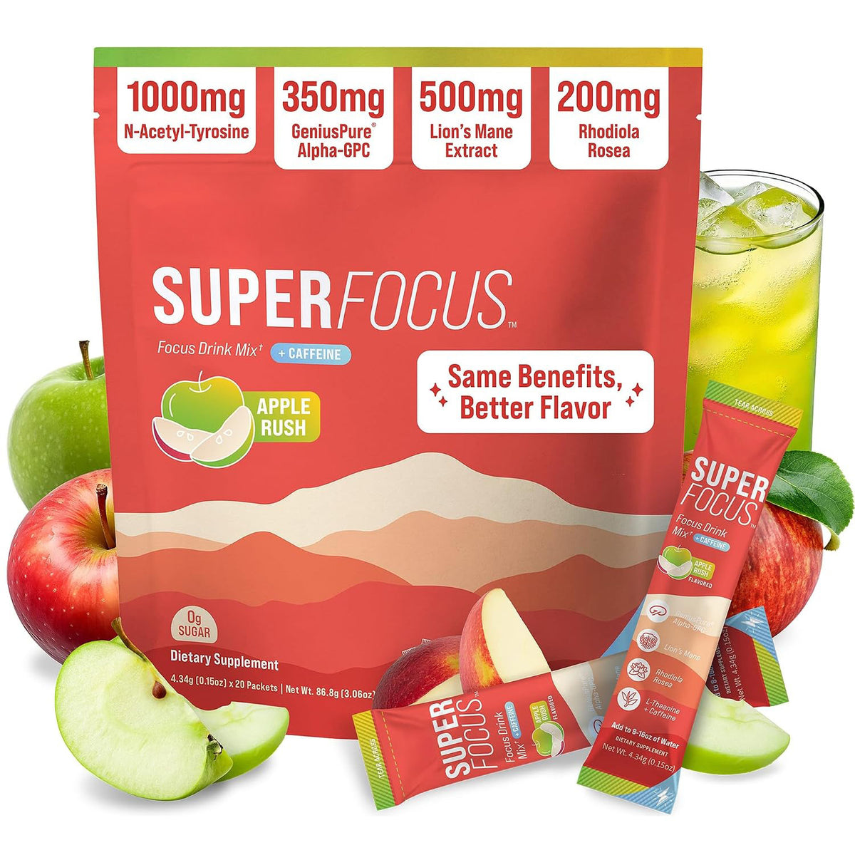 Nello Superfocus – Nootropic Focus Drink Mix for Productivity, L-Theanine, Rhodiola Rosea, Alpha-GPC, Lion’s Mane, Tyrosine, Sugar-Free Packets (20 Servings (Caffeine), Fruit Punch)