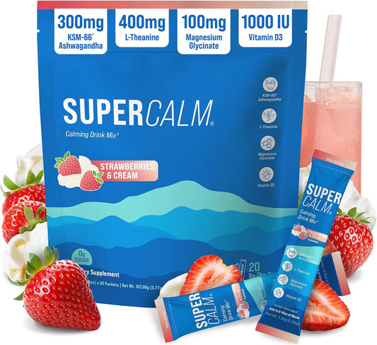 Nello Supercalm Powdered Drink Mix, Cortisol Reducer*, Sleep Aid Supplement, L Theanine, Ksm-66 Ashwagandha, Magnesium Glycinate, Vitamin D 3, No Sugar, Non GMO, 20 Ct, Strawberries & Cream