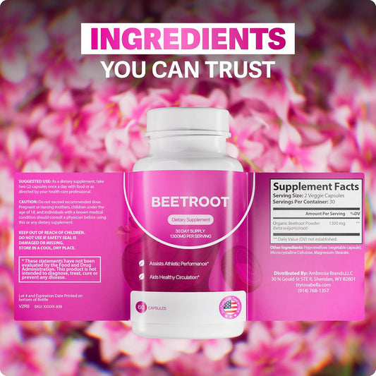 Beet root capsule bottle and supplement facts label