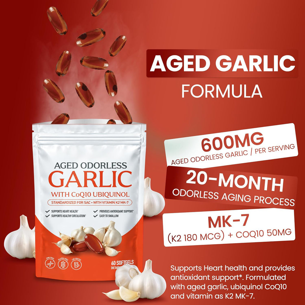 Aged garlic softgel formula with 600mg garlic, 20-month aging and vitamin K2 as MK-7