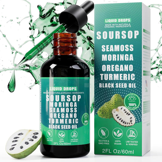 Vyxion Soursop Bitters Liquid Drops 10 in 1 with Sea Moss, Moringa, Turmeric, Black Seed Oil, Oregano, Ashwagandha | Herbal Extracts for Overall Health-Enhancing | Vegan, Non-GMO | 2 Fl Oz