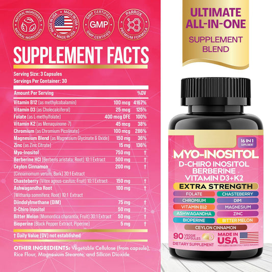 Myo-Inositol Supplement, 15-in-1 D-Chiro & Folate, 90 Vegan Capsules