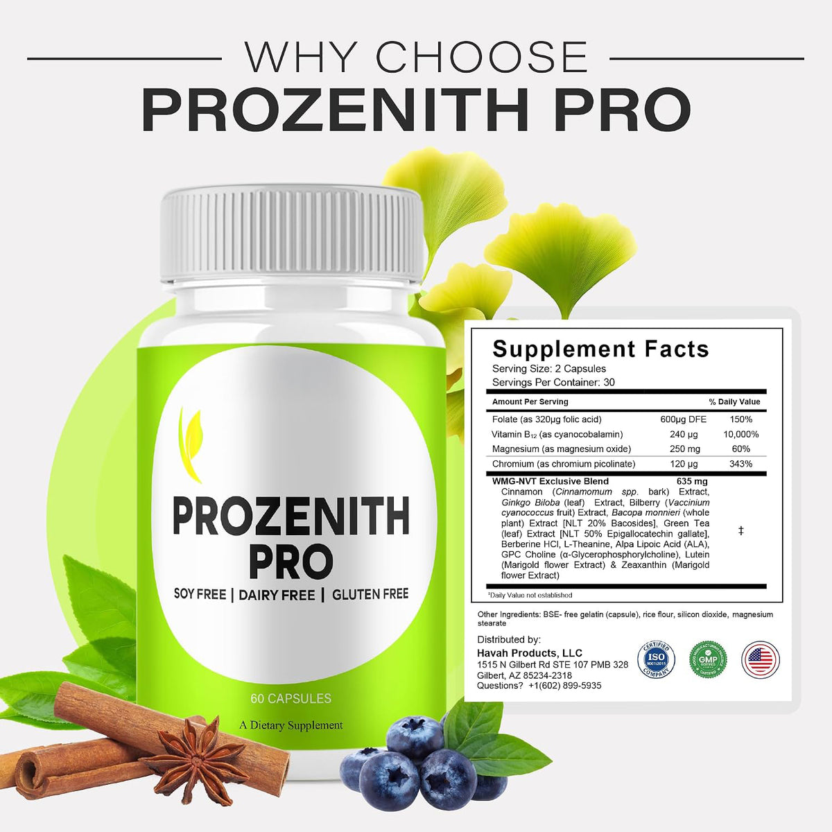 Bottle with its Supplement Facts panel and cinnamon, blueberry and leafy greens