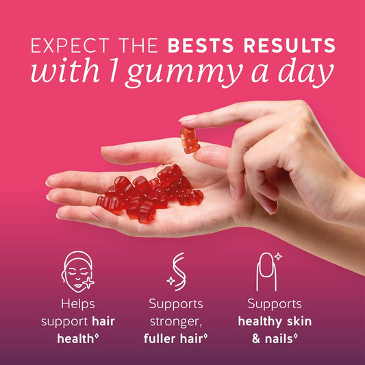 Hand holding biotin gummies with a one a day callout