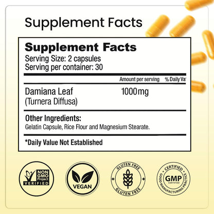 Supplement Facts panel for the damiana leaf capsules
