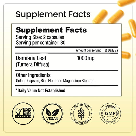 Supplement Facts panel for the damiana leaf capsules
