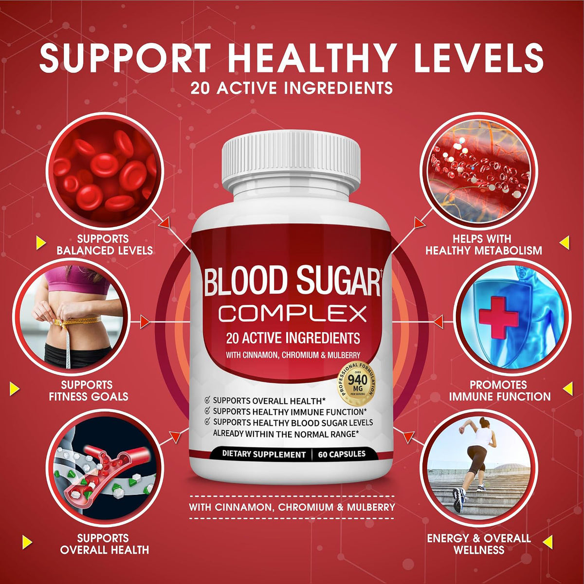 Blood Sugar Complex Supplement - Supports Healthy Blood Sugar Levels Already Within Normal Range All Natural with Cinnamon, Bitter Melon, Chromium, Mulberry, Alpha Lipoic Acid, Non-GMO, 60 Capsules