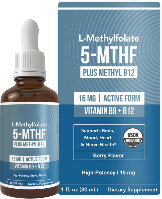 LMethylfolate 15mg Liquid + Methyl B12 Cofactor, High Potency Active 5-MTHF