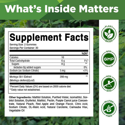 Vitamatic Moringa Gummies – Sugar-Free Botanical Extract – Green Superfood Supplement – Vegan, Pectin-Based, Non-GMO – Plant-Based Gummies – 60 Count