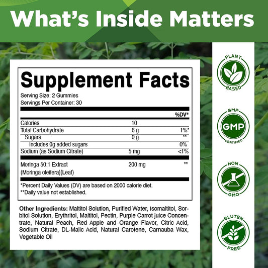Vitamatic Moringa Gummies – Sugar-Free Botanical Extract – Green Superfood Supplement – Vegan, Pectin-Based, Non-GMO – Plant-Based Gummies – 60 Count