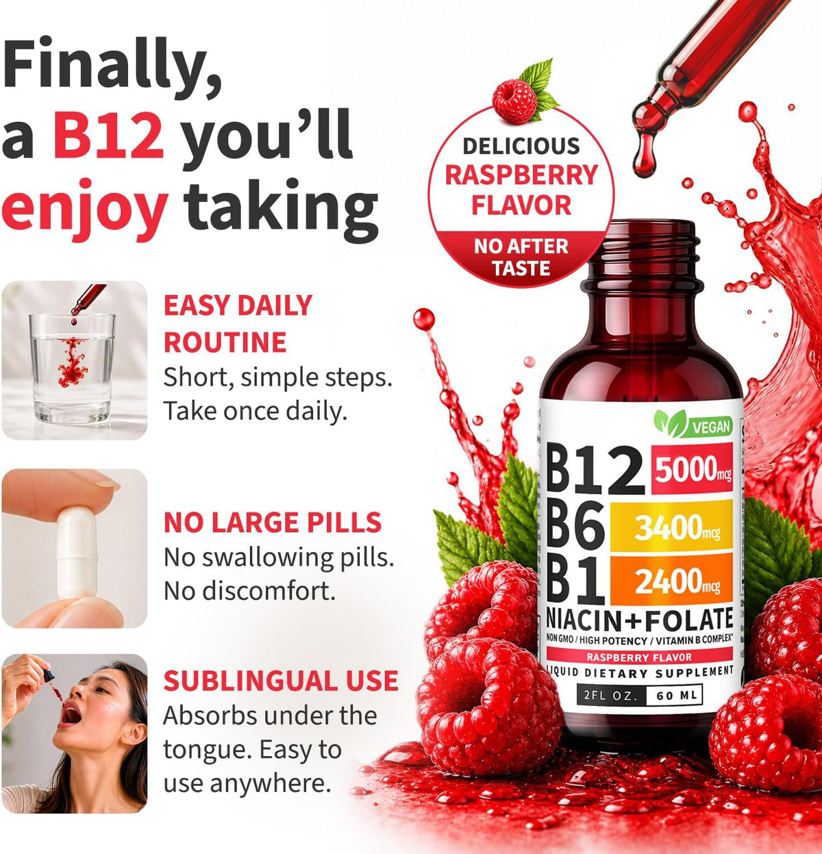 Raspberry flavoured B12 drops with dropper close-up