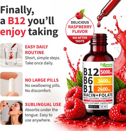 Raspberry flavoured B12 drops with dropper close-up