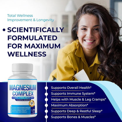 Magnesium Complex 7 Elemental Magnesium Supplement 1000mg – Magnesium Glycinate, Citrate, Malate, Taurate, Oxide, Aspartate, Orotate Non-GMO 90 Capsules (Pack of 1)