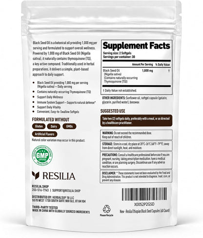 Back label and Supplement Facts for the black seed softgels