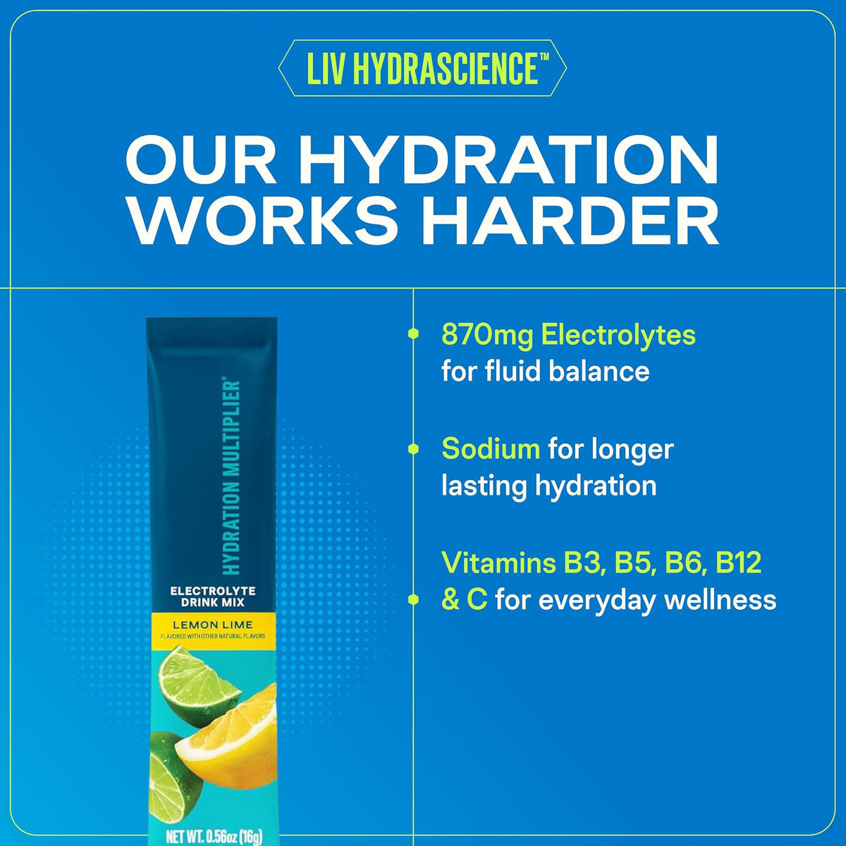 Hydration formula graphic with 870mg electrolytes and B vitamins