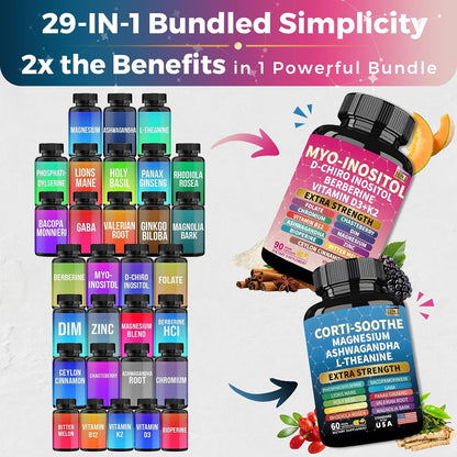 Soothe-Smooth Bundle,Soothe & Smooth Bundle Multivitamin Combo, Cortisol Support Myo-Inositol Multivitamin Combo with Magnesium Glycinate, Ashwagandha, L-Theanine & Herbal Blend - D