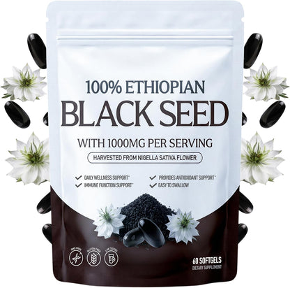 Ethiopian black seed oil softgels pouch with Nigella sativa flowers