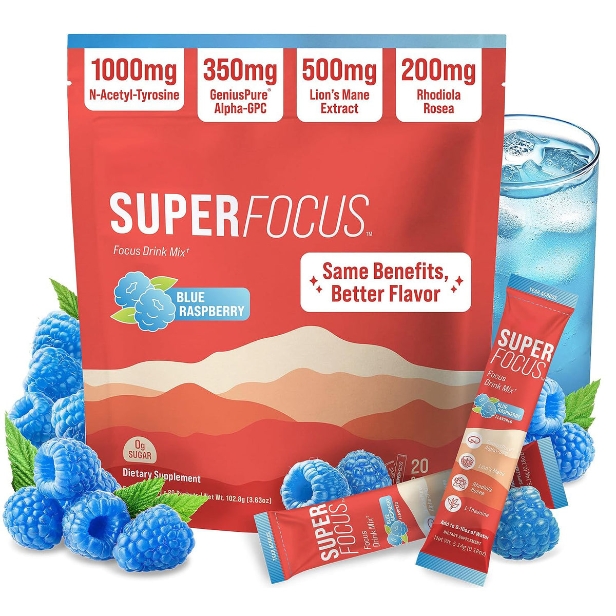 Nello Superfocus – Nootropic Focus Drink Mix for Productivity, L-Theanine, Rhodiola Rosea, Alpha-GPC, Lion’s Mane, Tyrosine, Sugar-Free Packets (20 Servings (Caffeine), Fruit Punch)