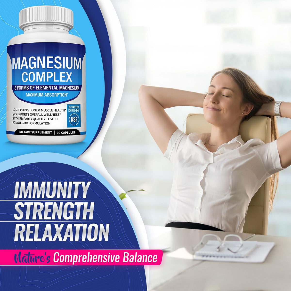 Magnesium complex bottle with a daily routine scene