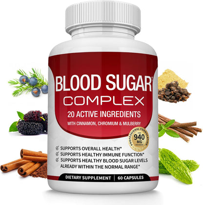 Blood Sugar Complex Supplement - Supports Healthy Blood Sugar Levels Already Within Normal Range All Natural with Cinnamon, Bitter Melon, Chromium, Mulberry, Alpha Lipoic Acid, Non-GMO, 60 Capsules