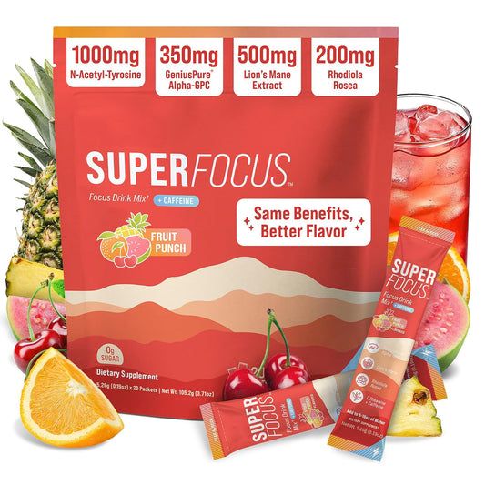 Nello Superfocus – Nootropic Focus Drink Mix for Productivity, L-Theanine, Rhodiola Rosea, Alpha-GPC, Lion’s Mane, Tyrosine, Sugar-Free Packets (20 Servings (Caffeine), Fruit Punch)