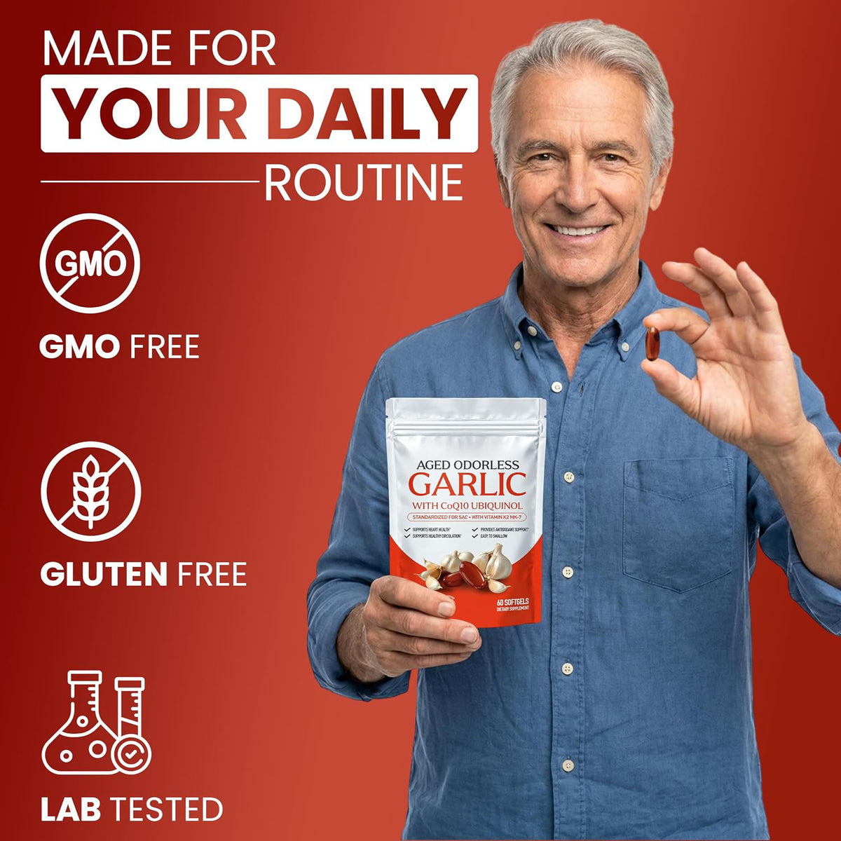 Man holding the aged garlic softgels pouch with non-GMO, gluten-free and lab-tested badges
