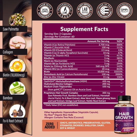 Hair Growth Vitamins for Women | Biotin 10,000mcg, Collagen, Patented OptiMSM®, goMCT®, Saw Palmetto | Naturally Supports Stronger & Healthier Hair, Skin and Nails |Non GMO + Made in USA|60 Day Supply