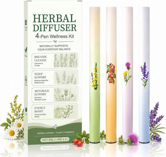 Herbal diffuser four-piece wellness kit box with four slim pens