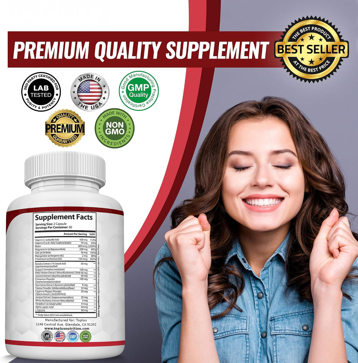 Blood Sugar Complex Supplement - Supports Healthy Blood Sugar Levels Already Within Normal Range All Natural with Cinnamon, Bitter Melon, Chromium, Mulberry, Alpha Lipoic Acid, Non-GMO, 60 Capsules