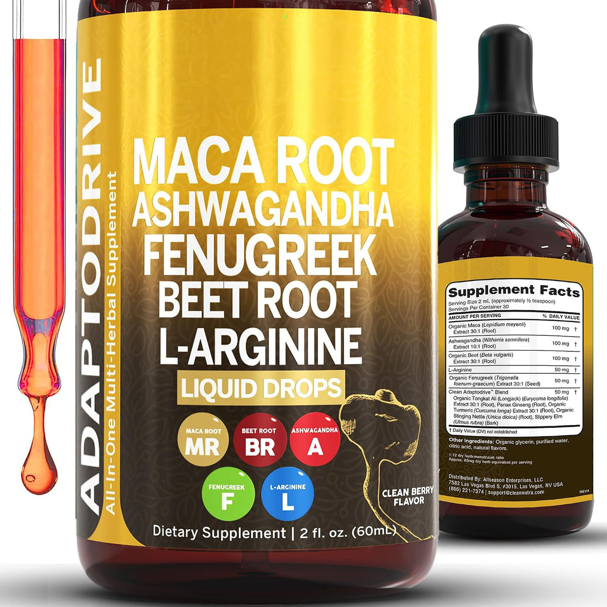 Clean Nutra Organic Maca Root Liquid Drops with Ashwagandha, Fenugreek, Beet Root and L-Arginine Liquid Multivitamin for Women and Men - Adapto Drive
