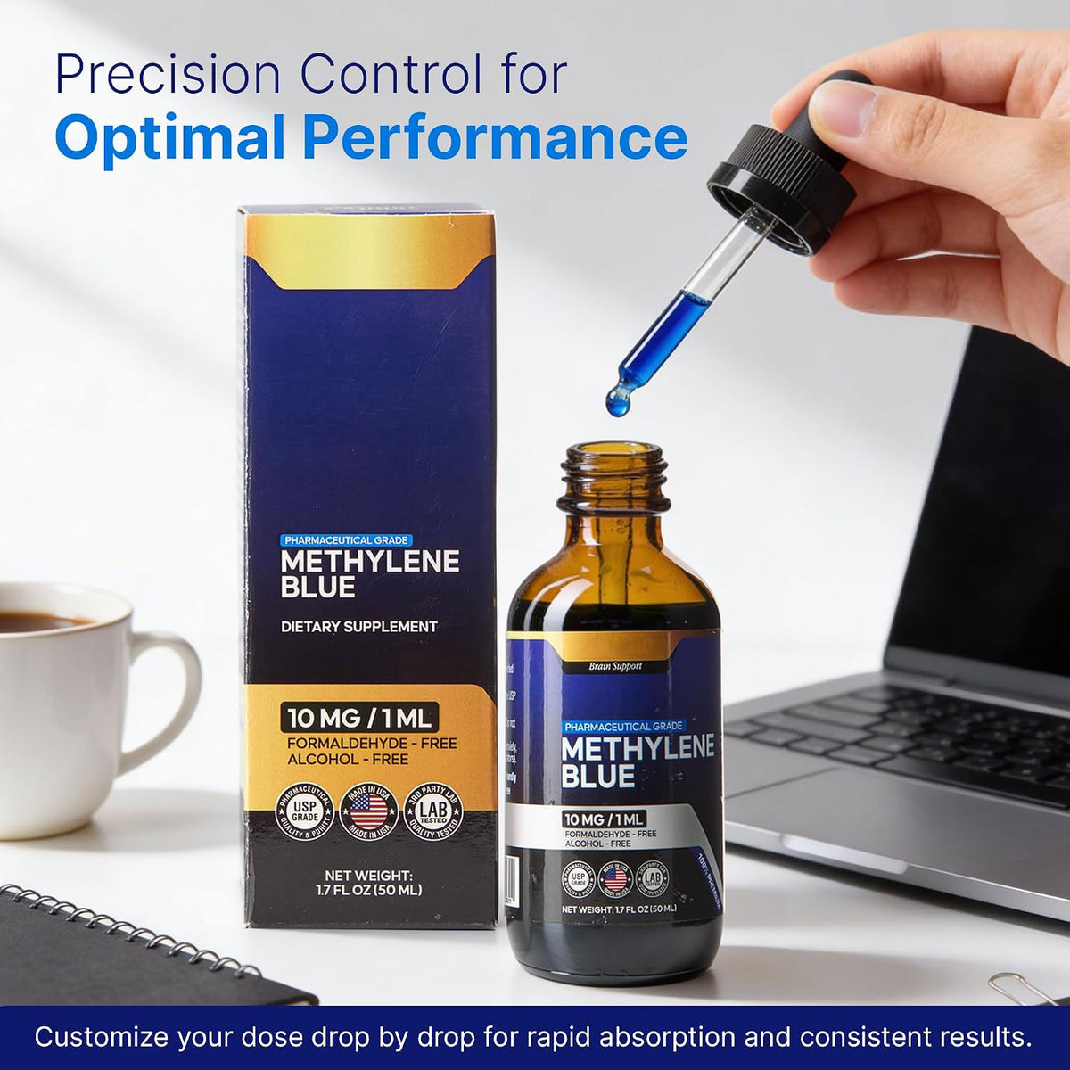 Precision dropper dispensing methylene blue into a glass