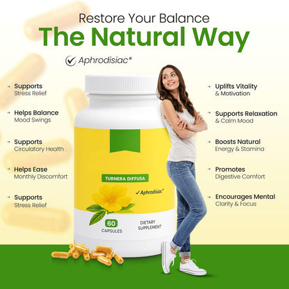 Damiana leaf capsule bottle with a lifestyle scene