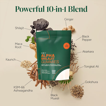 Himalayan shilajit gummies pouch surrounded by shilajit, maca and tongkat ali