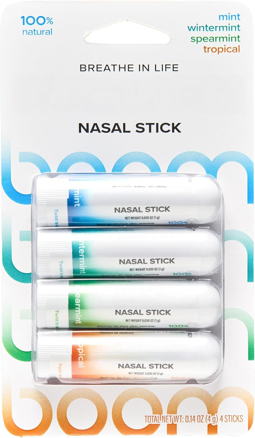BoomBoom Nasal Stick, Essential Oils + Menthol Inhaler, Variety 4 Pack