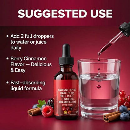 Clean Nutra Cayenne Pepper Drops Supplement Liquid + Hawthorn Berry, Vitamin D3 K2 Beet Root Powder, Ceylon Cinnamon, Turmeric Curcumin, Organic Panax Ginseng, Berberine Extract 1 Pack