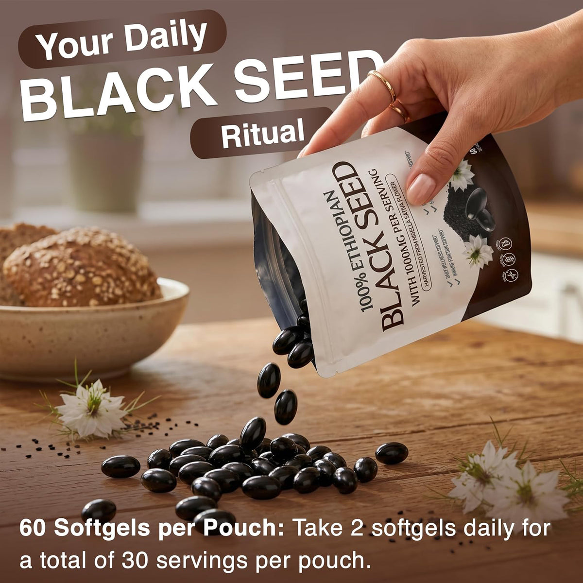 Black seeds poured from the pouch beside a bowl of seeds