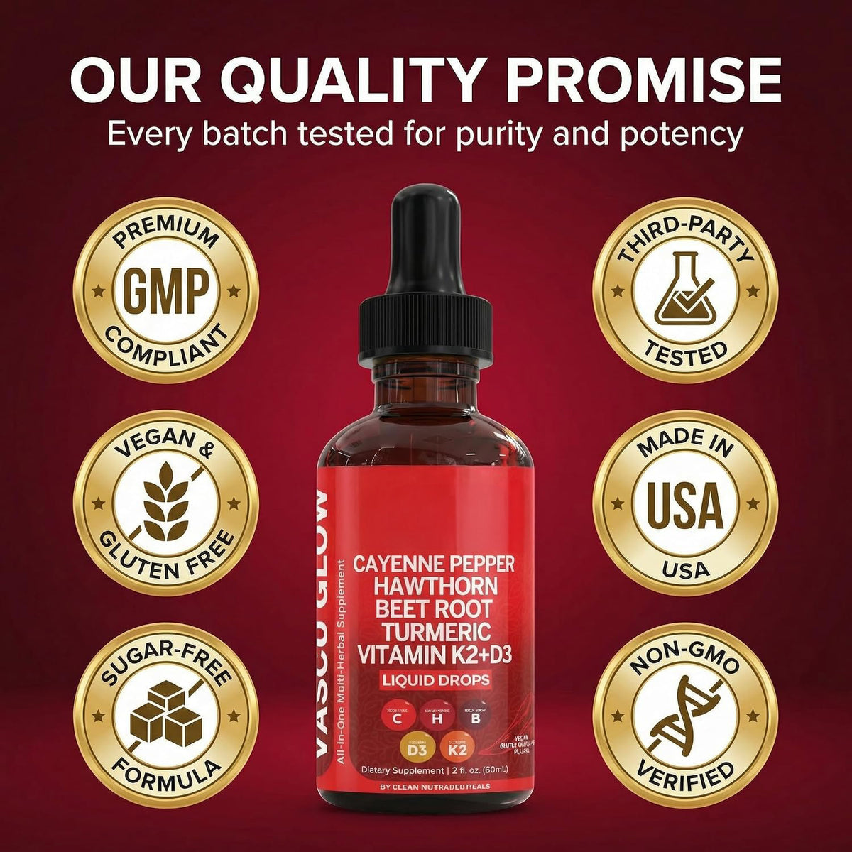 Clean Nutra Cayenne Pepper Drops Supplement Liquid + Hawthorn Berry, Vitamin D3 K2 Beet Root Powder, Ceylon Cinnamon, Turmeric Curcumin, Organic Panax Ginseng, Berberine Extract 1 Pack