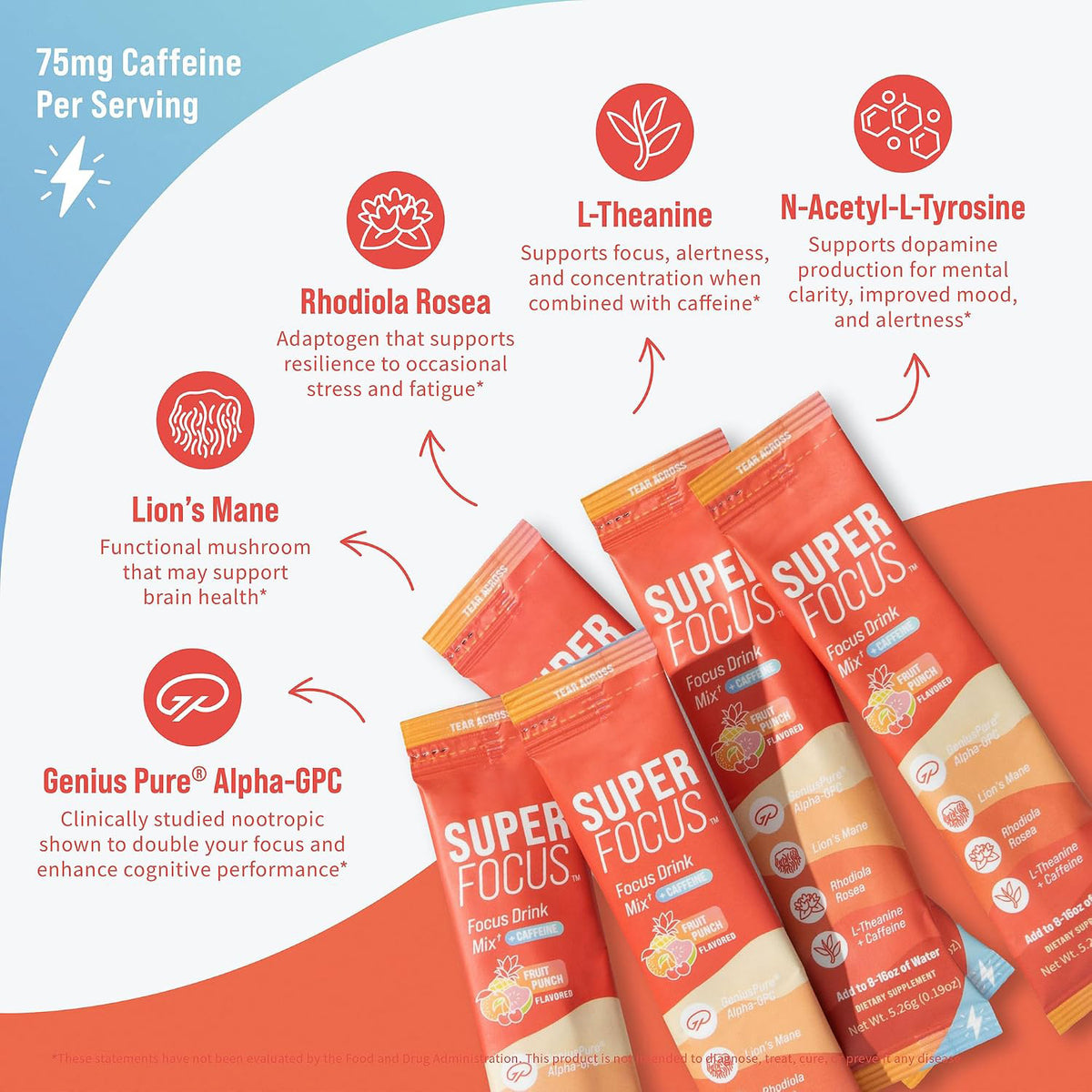Nello Superfocus – Nootropic Focus Drink Mix for Productivity, L-Theanine, Rhodiola Rosea, Alpha-GPC, Lion’s Mane, Tyrosine, Sugar-Free Packets (20 Servings (Caffeine), Fruit Punch)