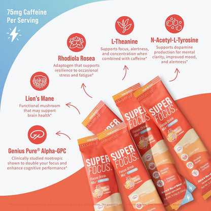 Nello Superfocus – Nootropic Focus Drink Mix for Productivity, L-Theanine, Rhodiola Rosea, Alpha-GPC, Lion’s Mane, Tyrosine, Sugar-Free Packets (20 Servings (Caffeine), Fruit Punch)
